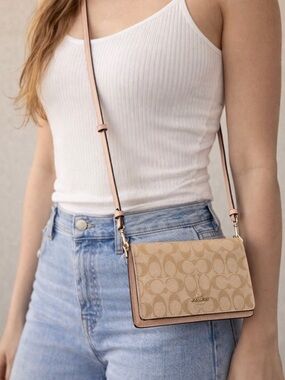 Coach Signature Crossbody in Tan with Pale Pink Trim